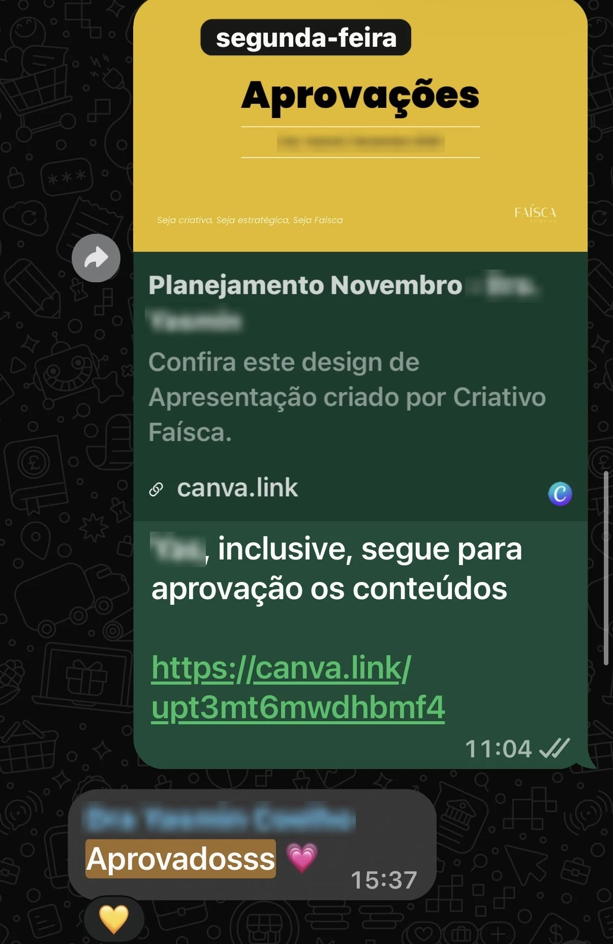 Link da apresentação de aprovação enviado pelo WhatsApp